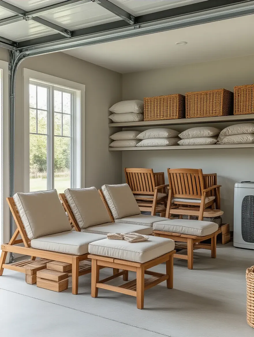 Vertical portrait of a neatly organized climate-controlled garage storing outdoor furniture with covers, cushions stored away, and labeled hardware