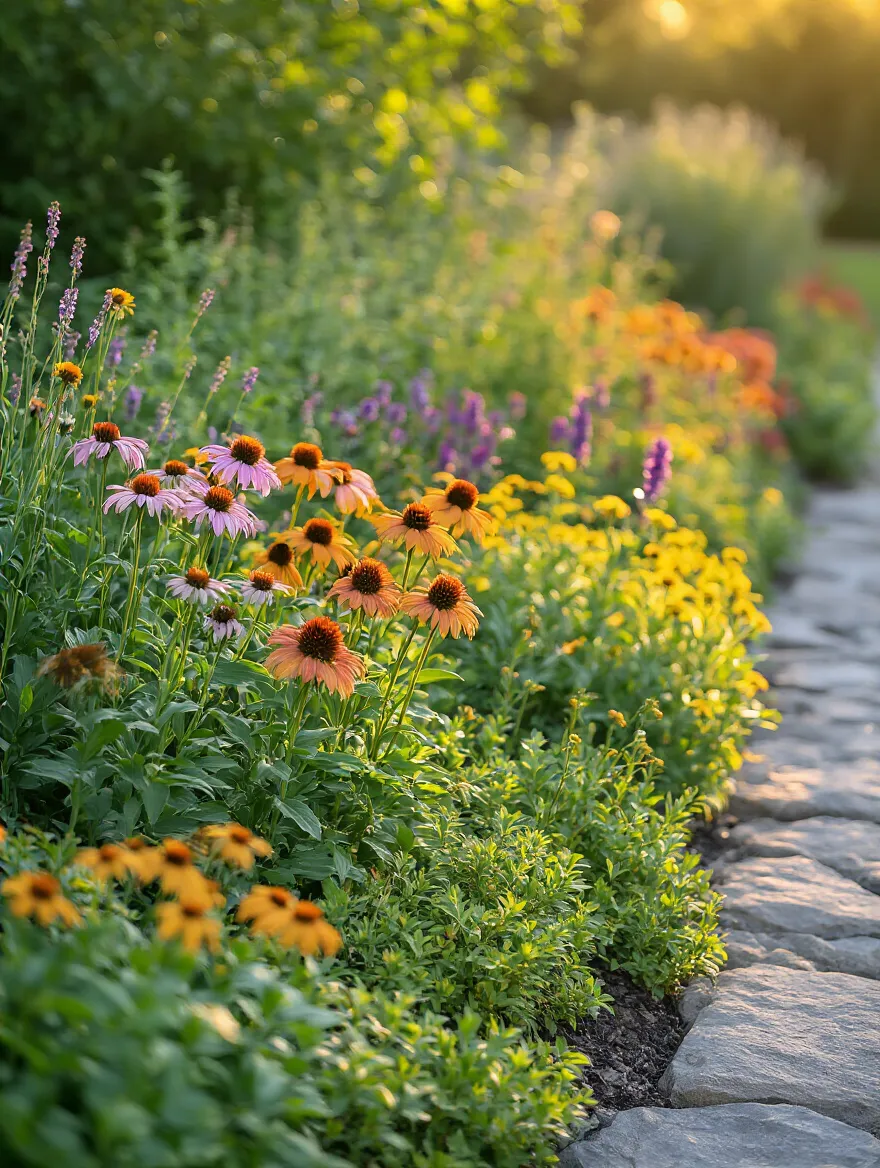 Alt: Vertical photo of a lush native plant border at golden hour, showing layered groundcover, perennials, and a shrub with pollinators visiting blooms.
