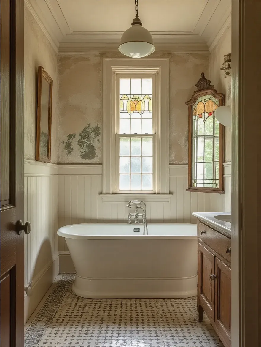 Portrait shot of a vintage bathroom highlighting preserved architectural details like molding, plaster, tile, and built-ins.