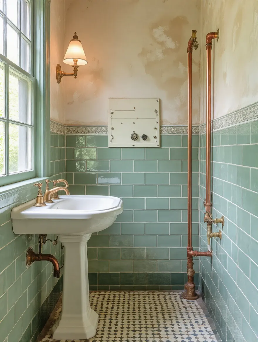 Portrait of a vintage bathroom scene with updated plumbing and electrical safety features
