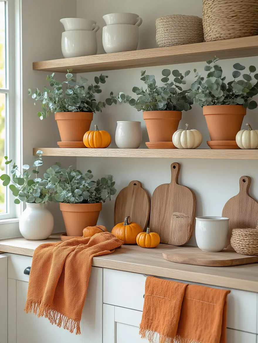 Autumn-themed kitchen shelf with terracotta pots, faux gourds, and burnt orange accents illustrating seasonal decor rotation