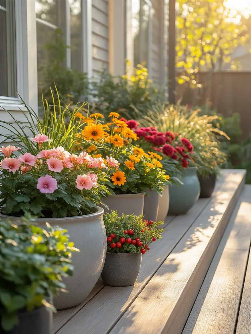 Portrait-style backyard scene with a row of seasonal planters on a wooden deck, four-season plant displays, golden-hour lighting.