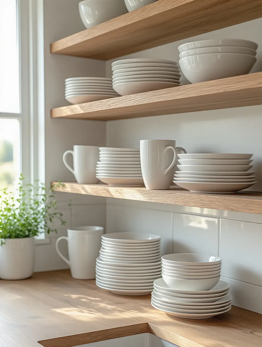 Cohesive white porcelain dishware set neatly arranged on modern floating kitchen shelves in natural light