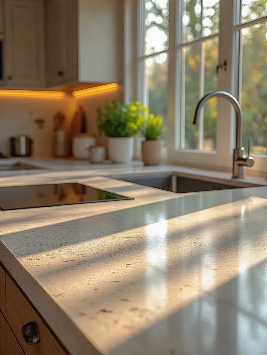 Close-up of a polished quartz kitchen countertop showcasing durability and elegant design in a modern kitchen setting