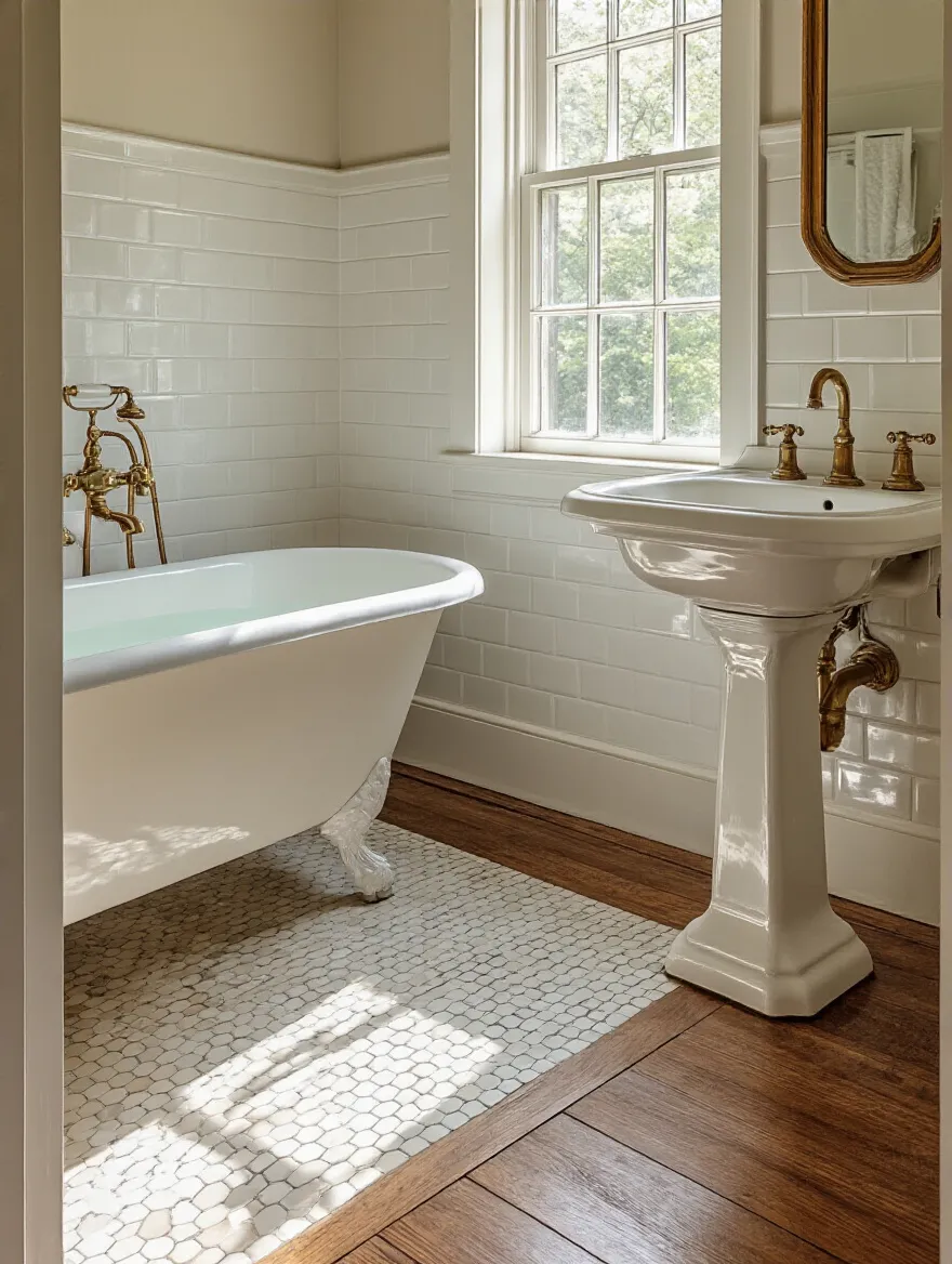 Vintage bathroom with split floor showing wood-look porcelain tile on one side and period tile on the other; clawfoot tub and brass fixtures; warm, aged lighting.