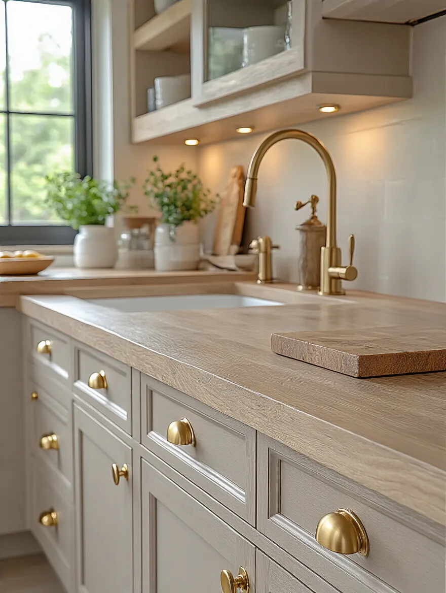 Close-up of modern kitchen cabinetry with coordinated brushed brass hardware and fixtures