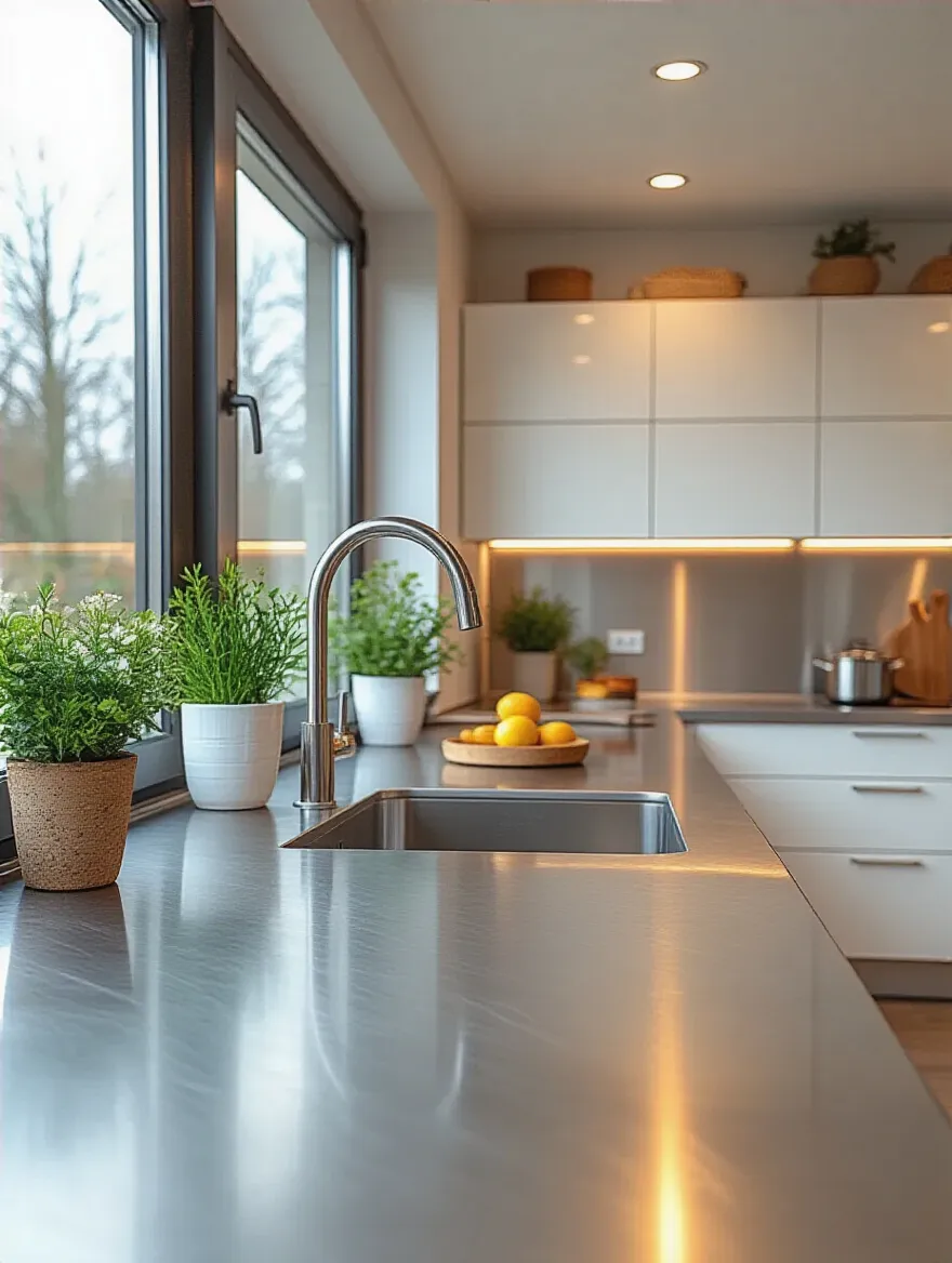 Portrait of a modern kitchen featuring hygienic stainless steel countertops with an integrated sink.
