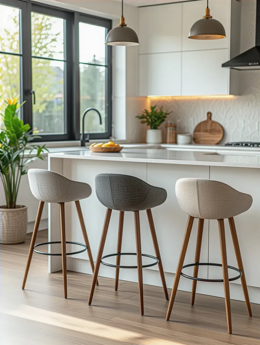 Unique bar stools arranged around a modern kitchen island defining the seating area with stylish and varied designs