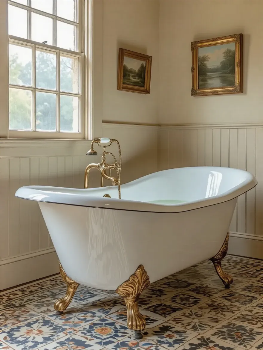 Vertical portrait of a restored vintage clawfoot tub in a warm, authentic bathroom vignette.