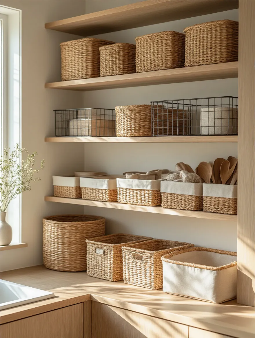 Organized kitchen shelves with decorative woven baskets and bins containing clutter in a stylish way