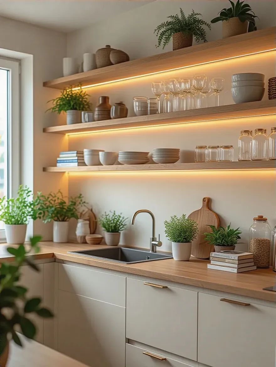 Modern kitchen featuring open shelving units with curated decor and kitchen essentials under soft ambient lighting