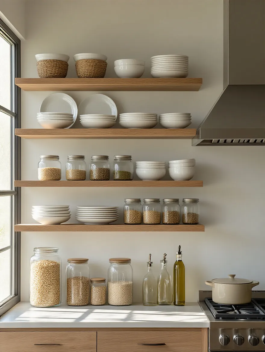 Symmetrical kitchen shelves with balanced white plates, glass jars, and olive oil dispensers creating a calm and orderly kitchen decor