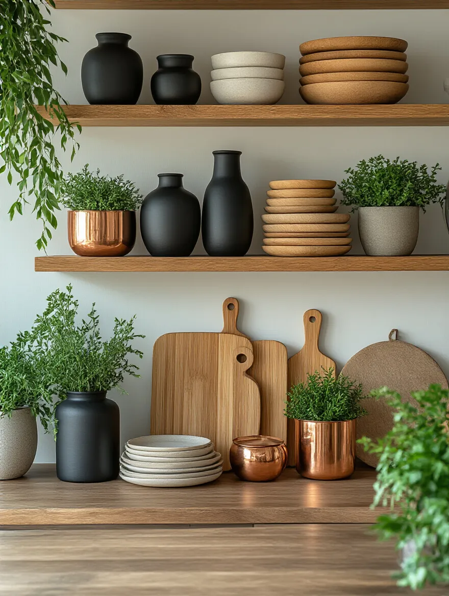 Kitchen shelf styled with varied heights and textures including matte black vases, bamboo cutting boards, and copper plant pots creating dynamic visual interest