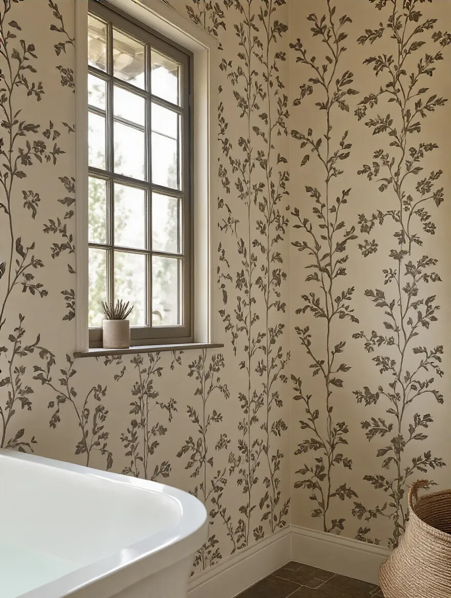 Portrait shot of a modern bathroom wall with repeating wallpaper pattern and seam alignment under natural daylight