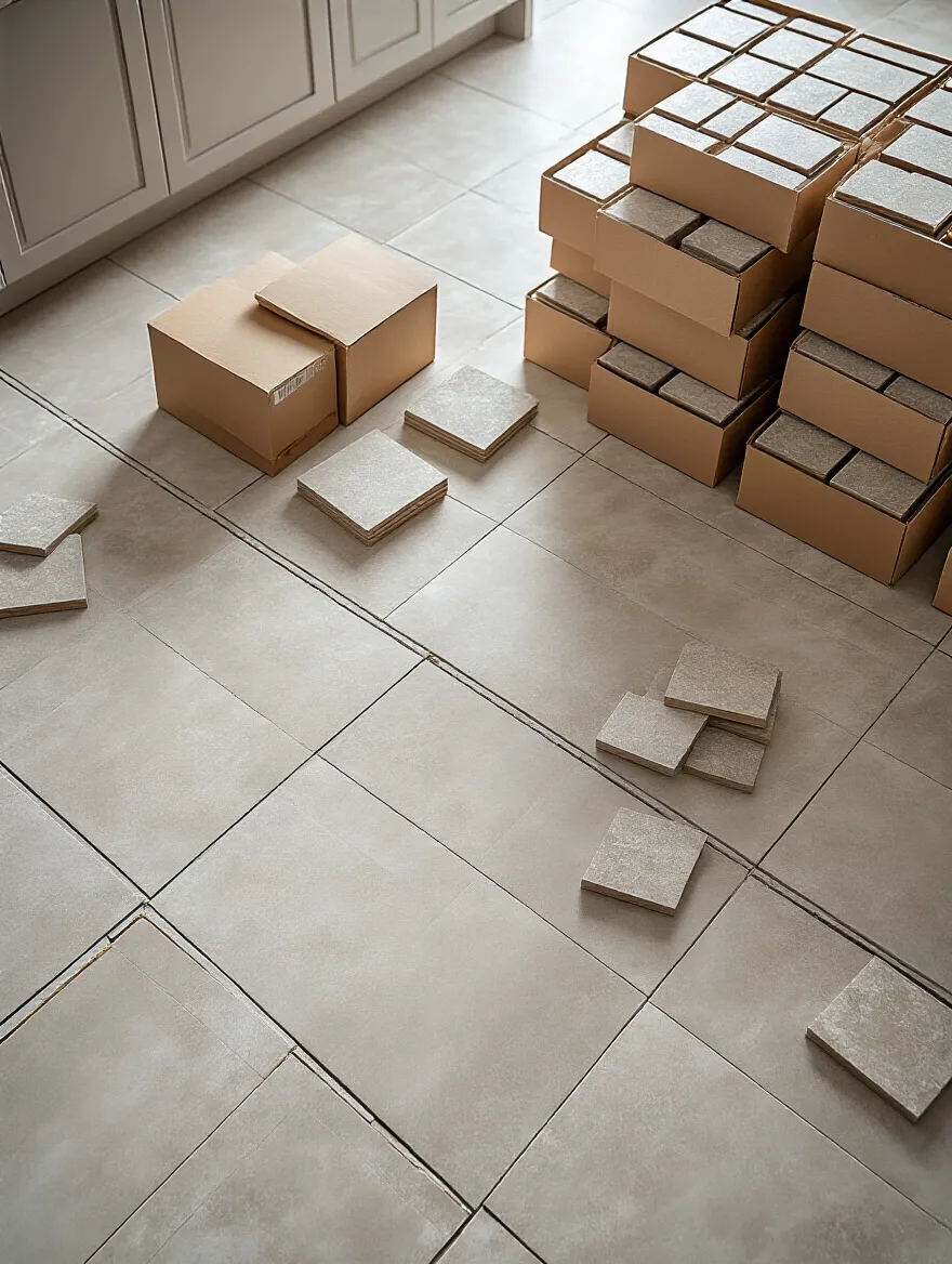 Overhead view of meticulously marked kitchen subfloor and neatly stacked tile boxes, emphasizing precise planning for kitchen tile calculation and preventing material shortages.