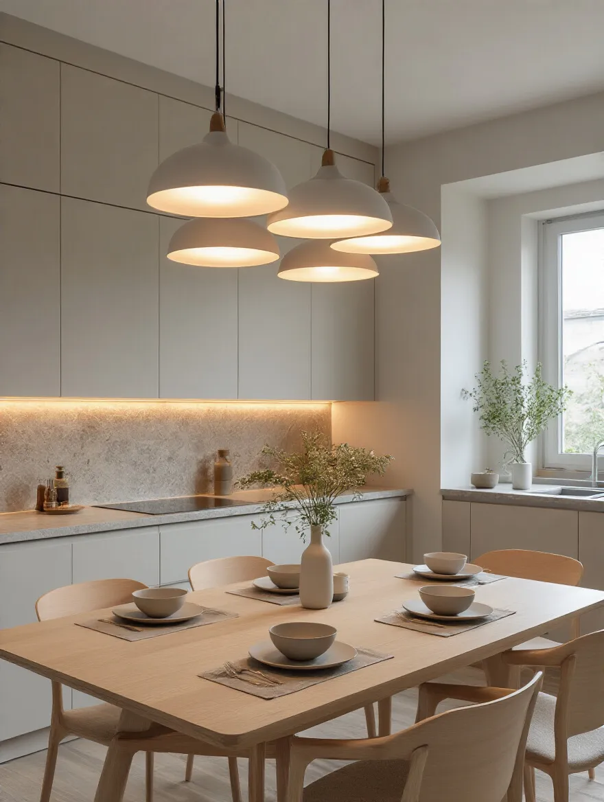 Portrait view of layered kitchen table lighting above a modern dining setup