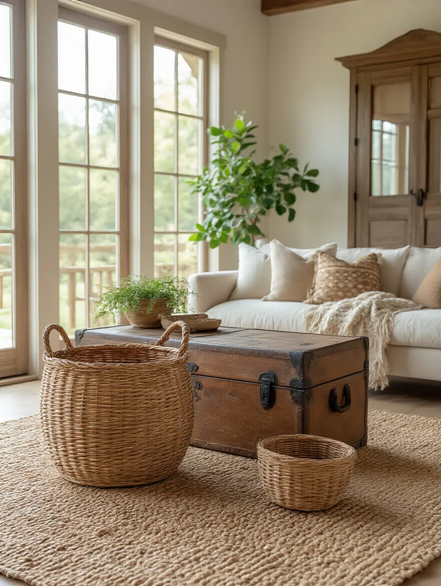 Rustic living room with woven baskets and trunk-style chest storage