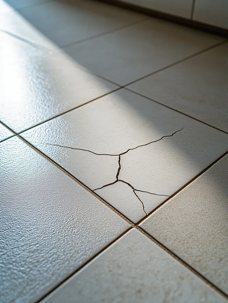Close-up of cracked white bathroom floor tile and a loose adjacent tile, highlighting the importance of addressing cracked and loose tiles promptly for bathroom safety.