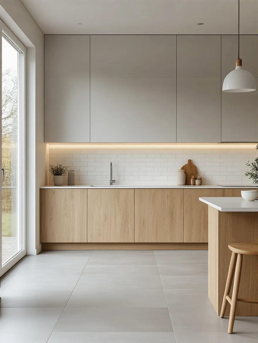 Scandinavian kitchen with light gray floor tiles and white subway backsplash, perfectly aligned with light wood cabinets and white countertops, showcasing cohesive kitchen tile style and aesthetic alignment.
