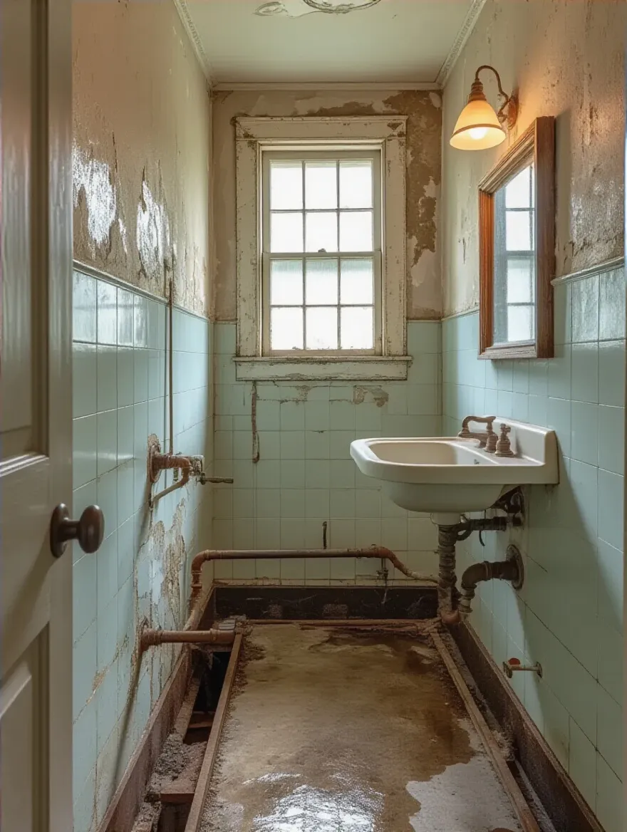 Portrait view of a vintage bathroom under assessment showing structural and plumbing details.