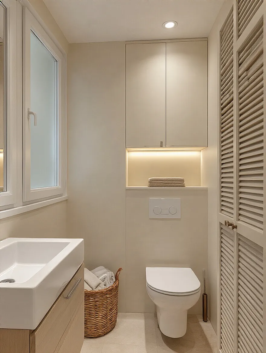 Portrait of a compact bathroom layout showing potential hidden storage above the toilet