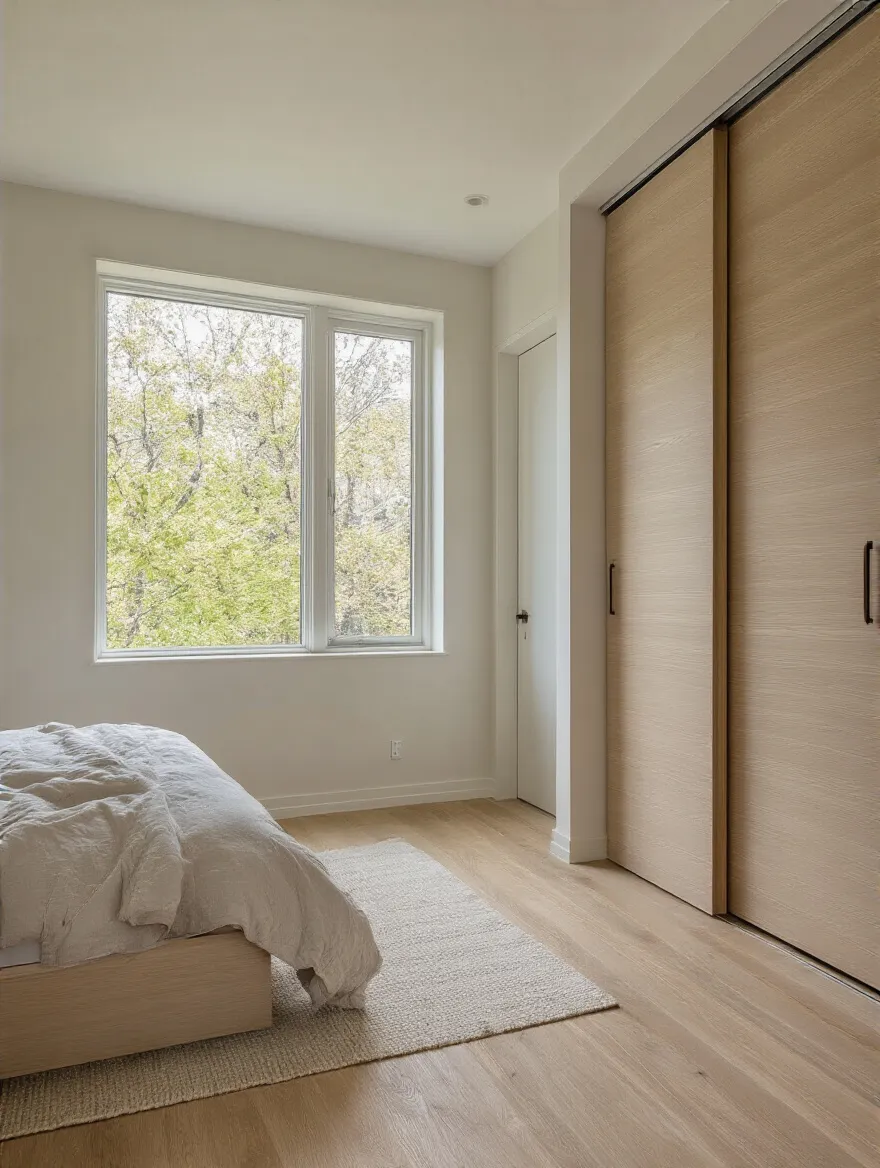 Portrait view of a small bedroom highlighting fixed features like window, door, and built-in closet for space planning.