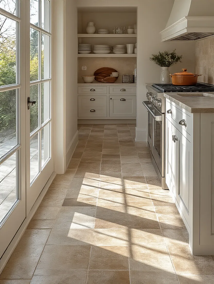 A modern kitchen floor plan from an overhead perspective, subtly illustrating high and low traffic zones to help assess tile durability needs.