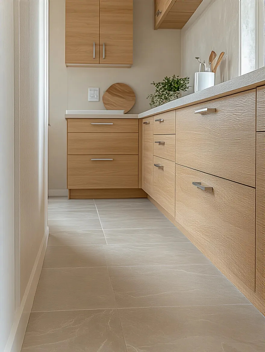 An interior view of a pristine kitchen, showcasing warm wooden cabinets, light beige walls, and grey floor tiles, illustrating the assessment of a kitchen's existing color palette for countertop selection.