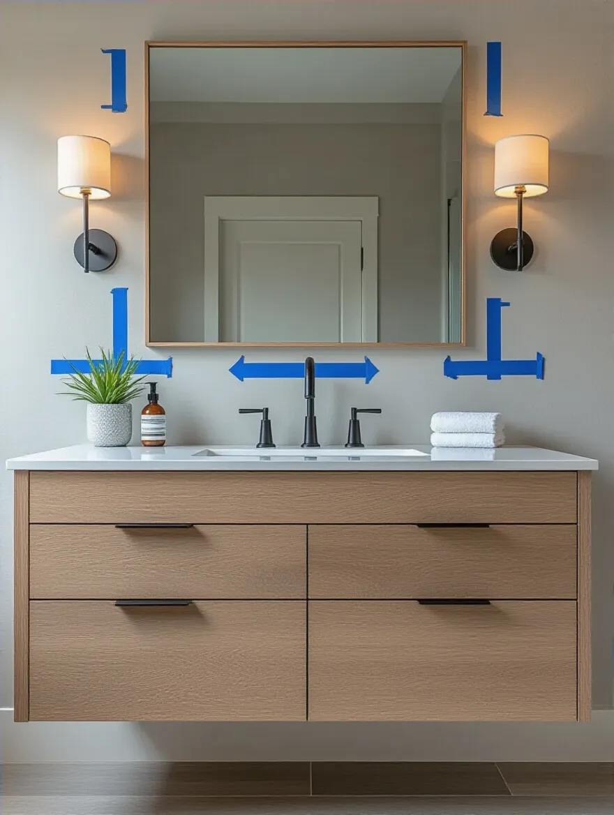 Modern bathroom vanity with strategic painter's tape marks on the wall, illustrating the planning and assessment of vanity layout for optimal bathroom vanity lighting placement.