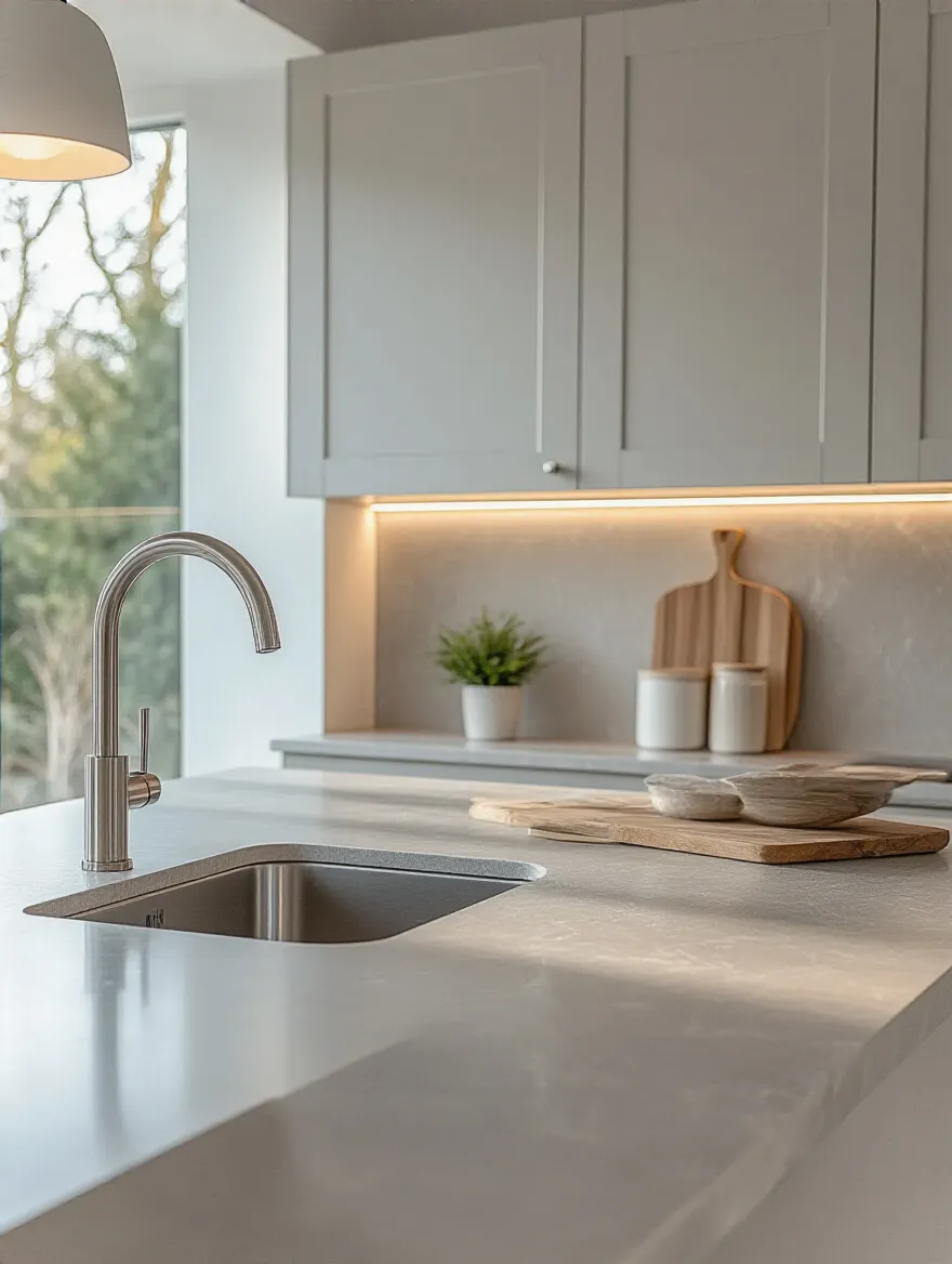 A bright, contemporary kitchen featuring a light gray quartz countertop and white cabinetry, embodying timeless kitchen countertop color choices for enduring design appeal.