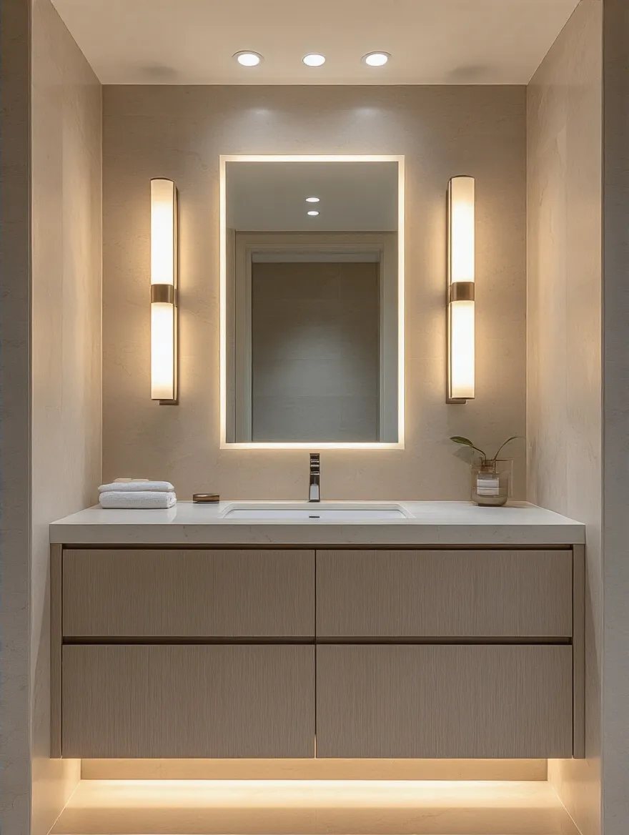 Modern bathroom with balanced layered lighting, featuring two vertical vanity sconces flanking a mirror and subtle recessed overhead ambient lights, creating a bright and shadow-free environment.
