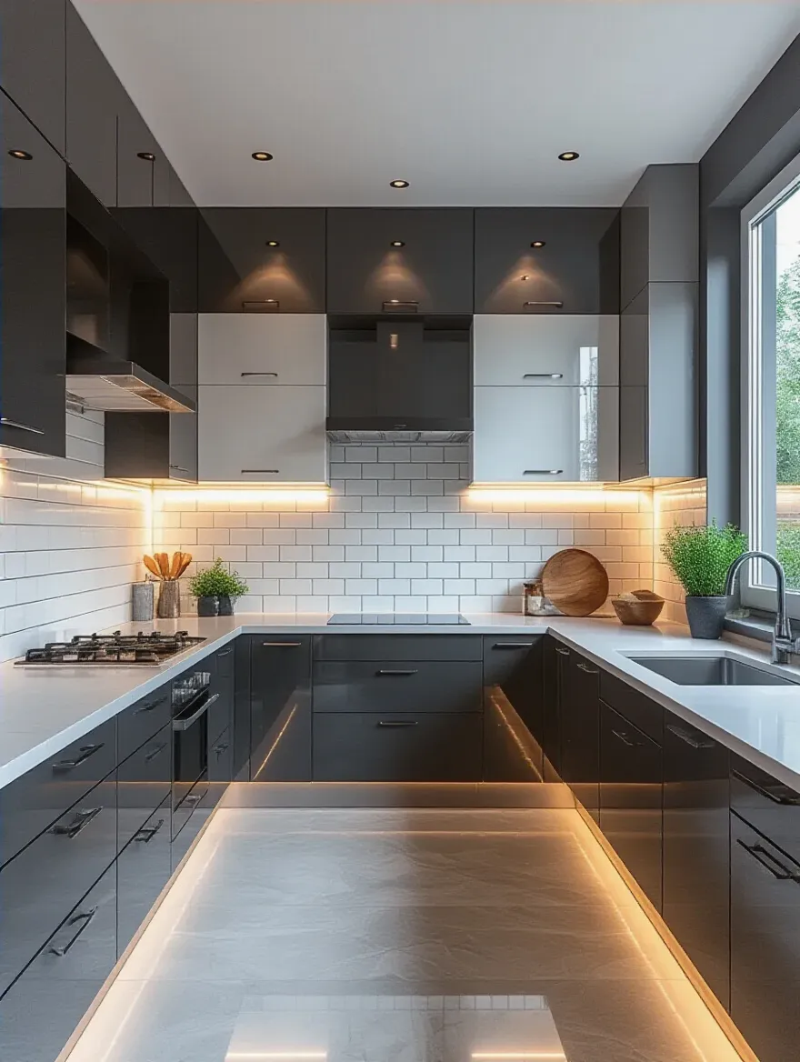 A modern kitchen featuring glossy white subway tiles on the backsplash and light gray polished porcelain floor tiles, which reflect light to significantly brighten the formerly dark space.