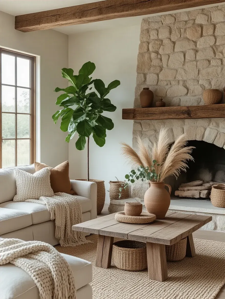 Rustic living room with greenery: potted plants and dried arrangements