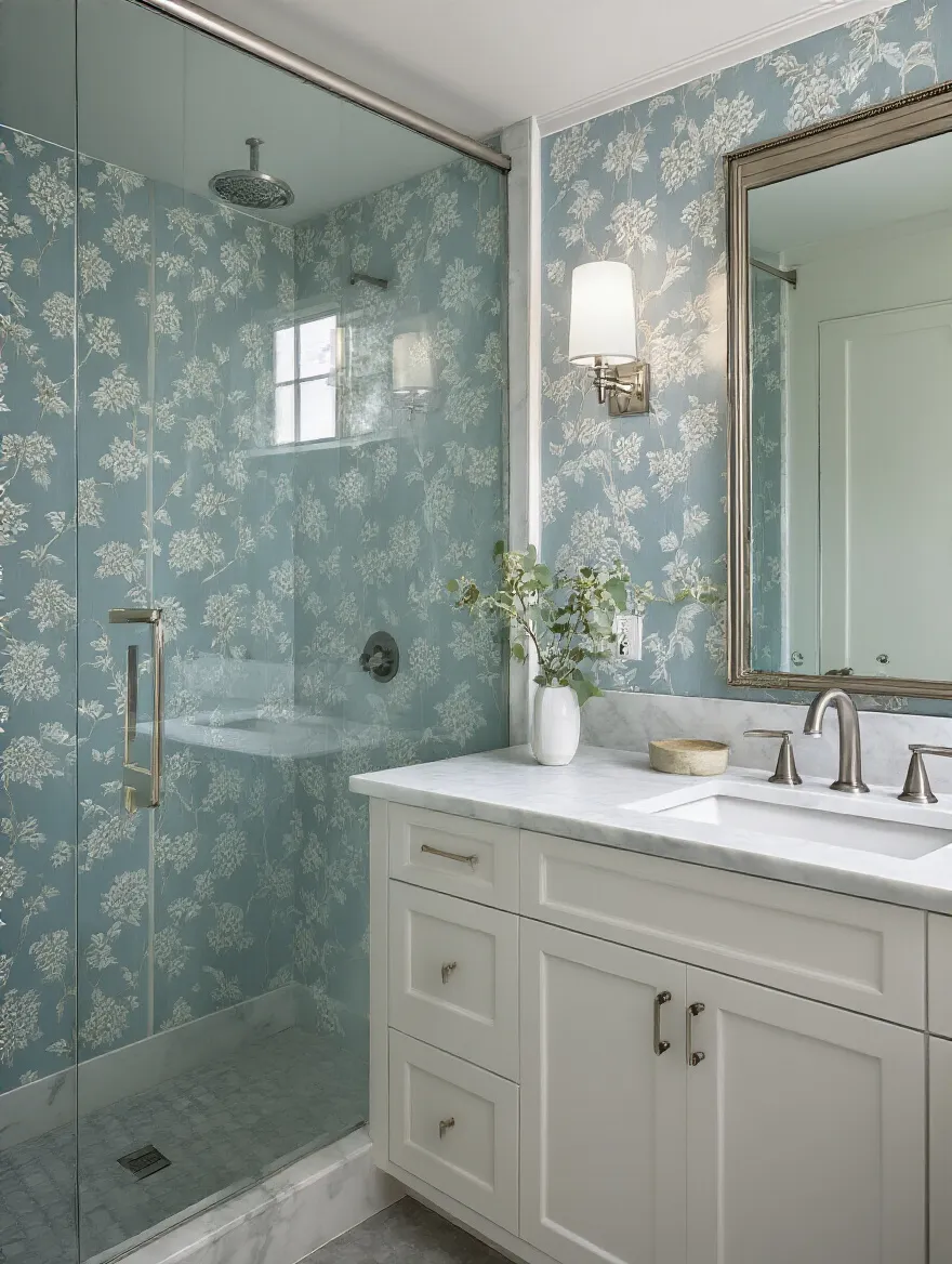 Portrait of a modern bathroom with calming blue-gray wallpaper and cohesive fixtures.