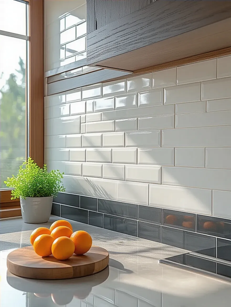 Kitchen backsplash showing a clear distinction between white subway tiles with contrasting dark grey grout and identical white subway tiles with harmonizing light grey grout.