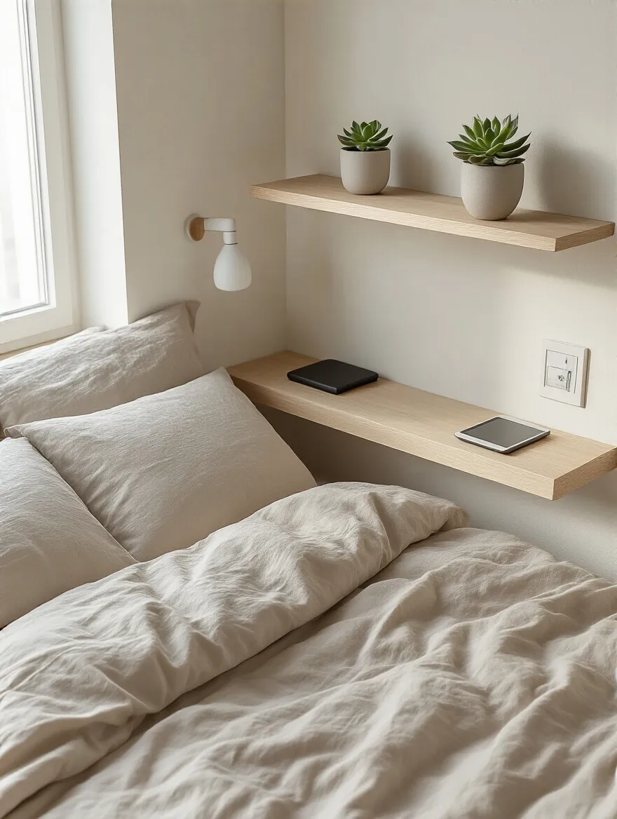 A modern bedroom corner featuring a sleek white floating shelf as a nightstand alternative, with a minimalist plant and e-reader on it, creating an open and decluttered small bedroom.