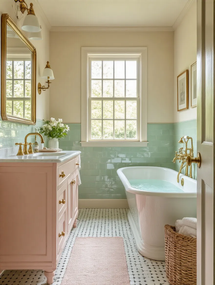 Vintage-inspired bathroom with pastel tones and Art Deco accents