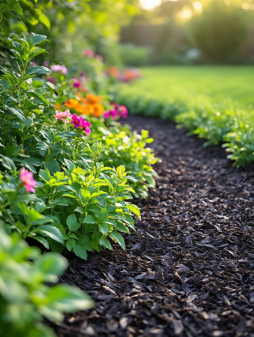 Close-up portrait of a vibrant garden bed with a fresh, dark shredded hardwood mulch layer, showcasing neat edging, healthy green plants, and colorful flowers, emphasizing soil moisture retention and aesthetic appeal.