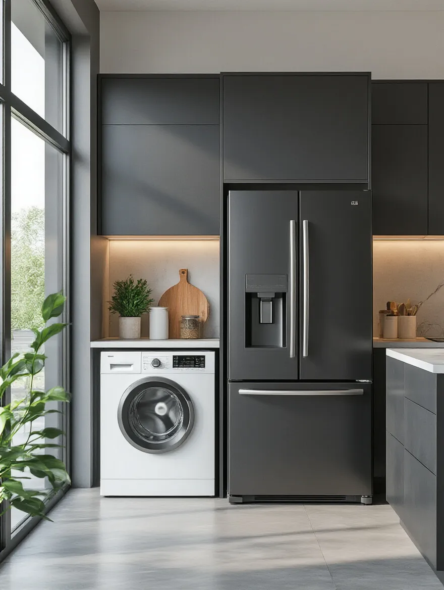 Portrait view of wrapped appliances in a modern kitchen