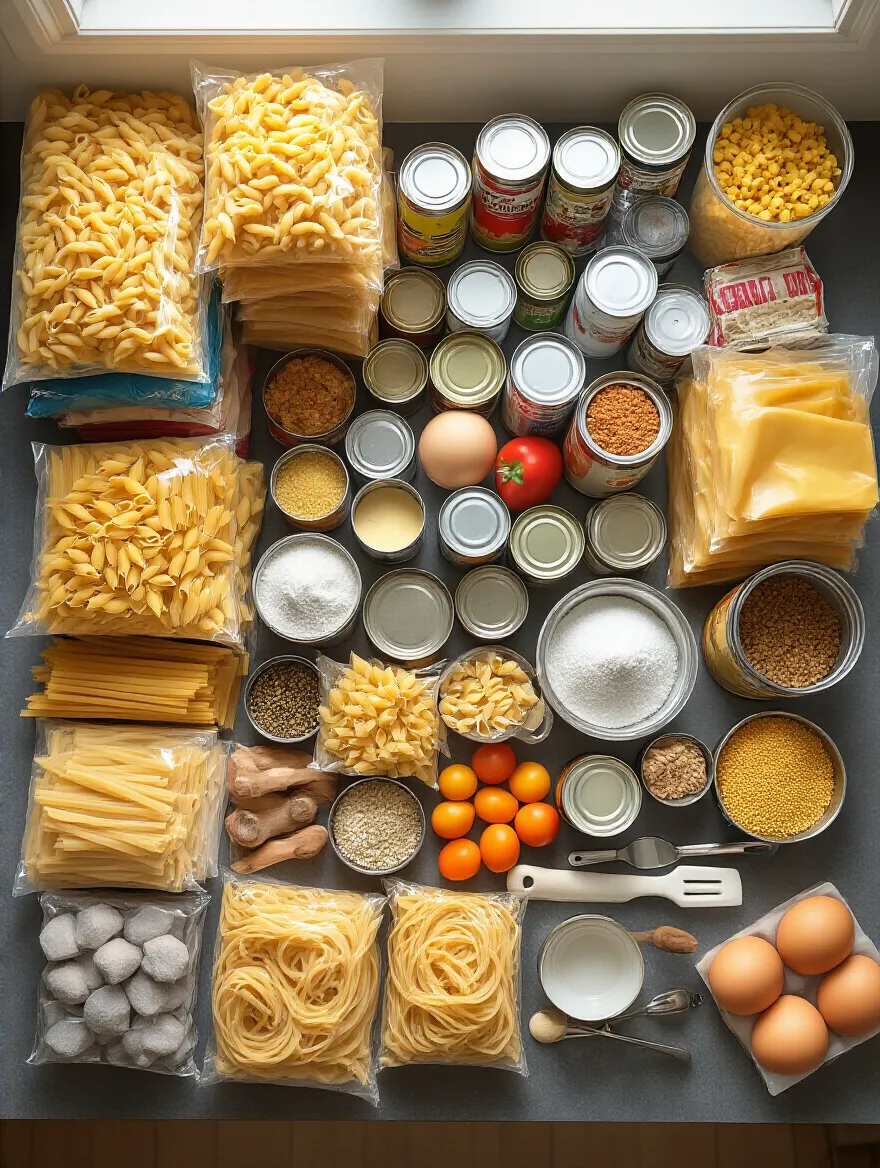 Overhead view of a kitchen counter completely covered with a variety of unsorted kitchen items including dry goods, canned foods, spices, and utensils, demonstrating the initial stage of a kitchen inventory.