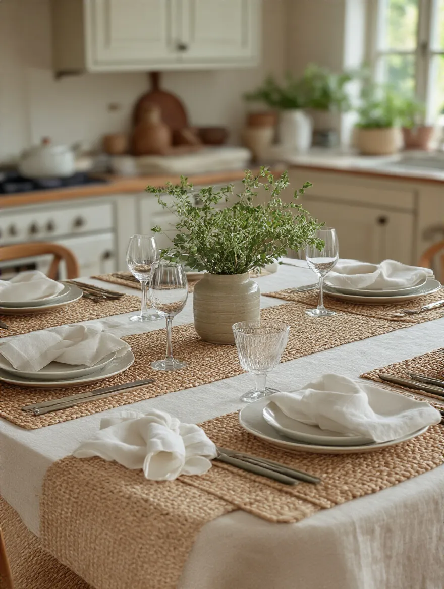 Warm kitchen table with ivory linens, a textured runner, and colorful placemats