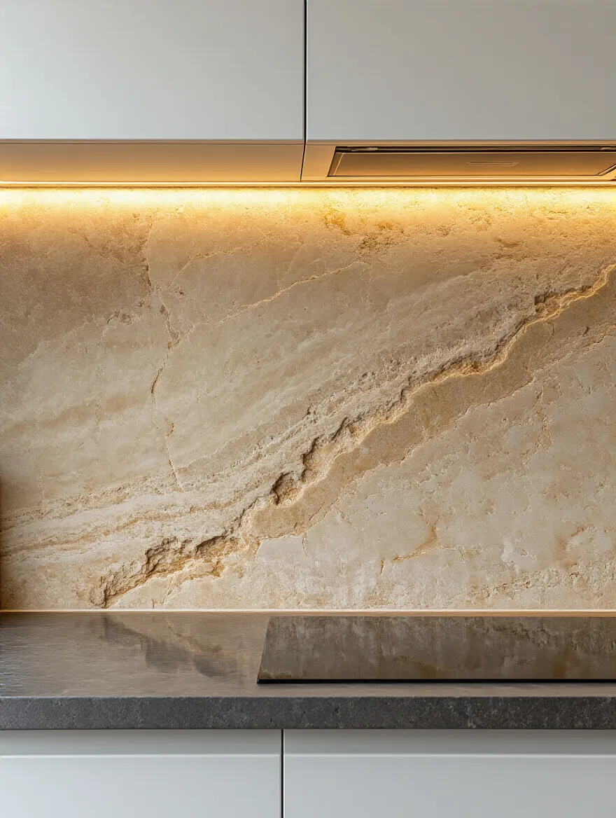 Honed travertine natural stone backsplash in a contemporary kitchen, showing unique texture and luxurious appeal under warm lighting.