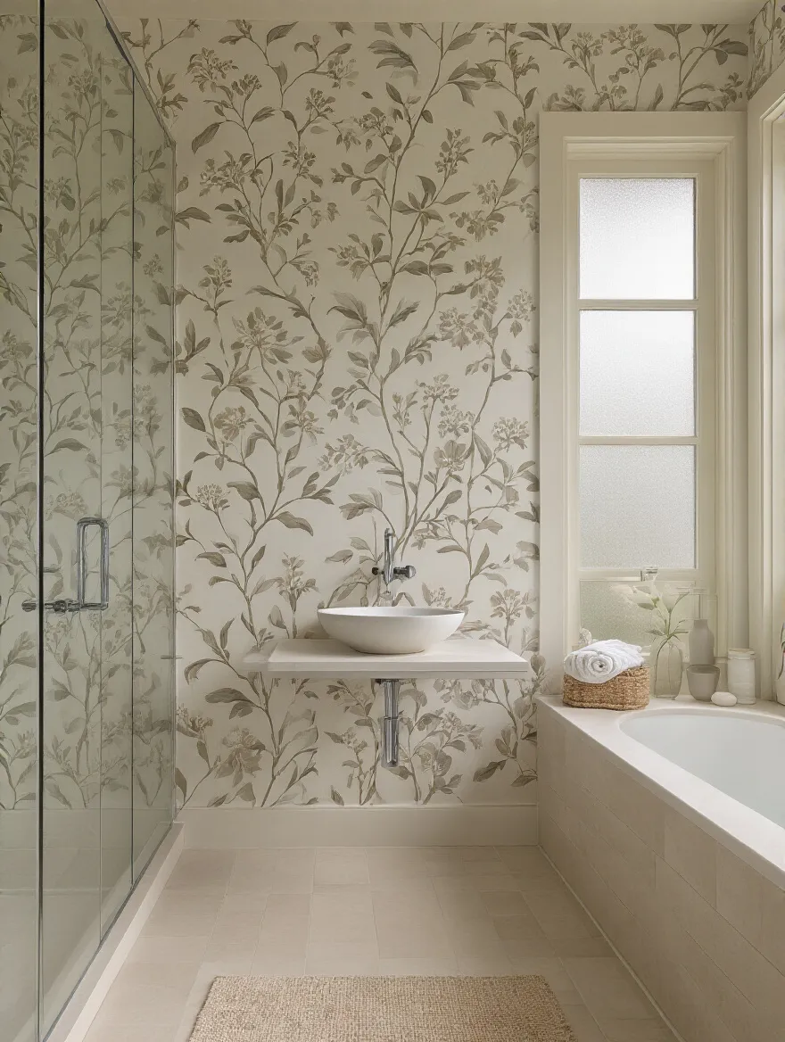 Portrait-style bathroom with wallpaper, soft lighting, no people
