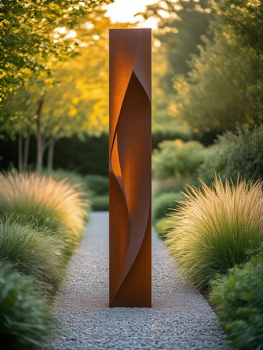 A modern corten steel abstract sculpture acting as a striking garden focal point, surrounded by ornamental grasses.