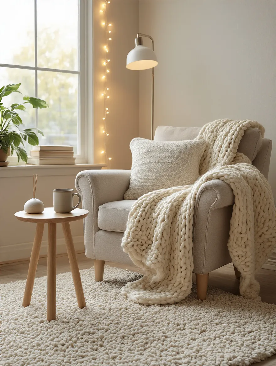 Cozy corner seating area with plush chair and warm lighting in a living room.