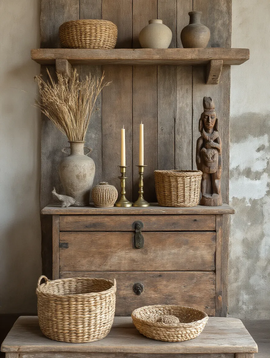 Curated rustic display of found objects, antiques, and hand-carved items