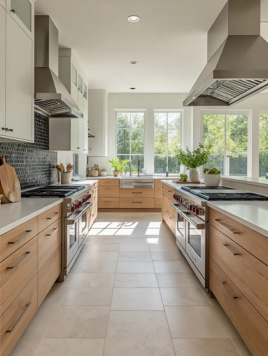 An open-concept kitchen with varying tile types defining distinct functional zones, featuring light porcelain and dark mosaic tiles, enhancing organization and design.