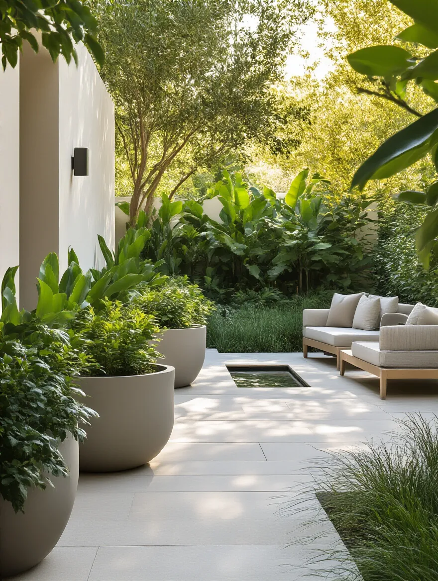 A meticulously designed modern backyard patio corner with comfortable outdoor seating, various lush container plants, and a small, elegant water feature under warm afternoon light, embodying a well-defined aesthetic and functional vision for yard landscaping.