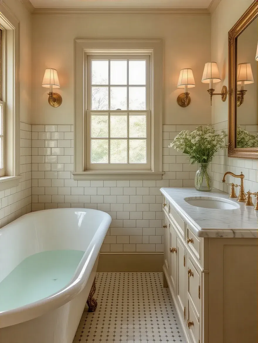 Portrait-style view of a vintage bathroom corner with era-defining tile and brass fixtures