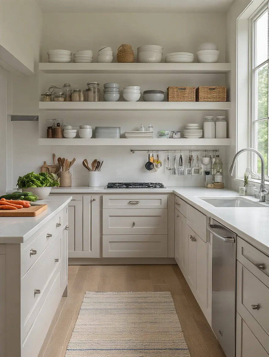 A modern, bright kitchen organized into distinct zones for prep, cook, store, and wash, showing efficient layout.
